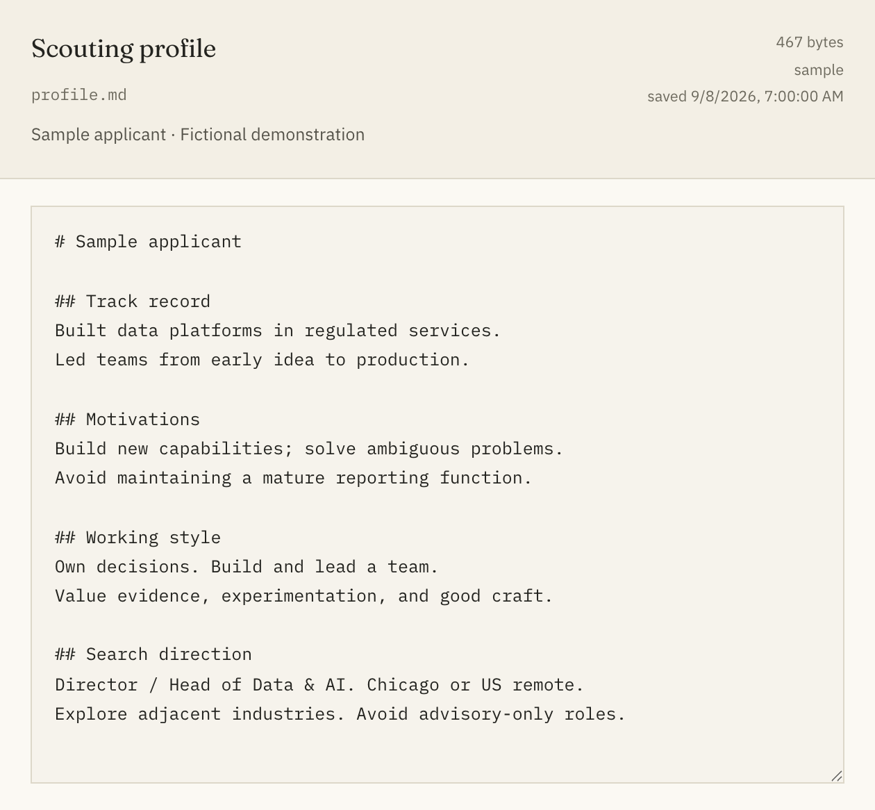 Scout’s profile editor with a fictional applicant’s track record, motivations, working style, and search direction.