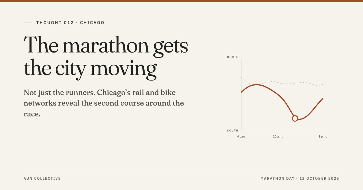 A line chart on a warm paper ground traces the center of race-day bike activity moving south through late morning and returning north in the afternoon.